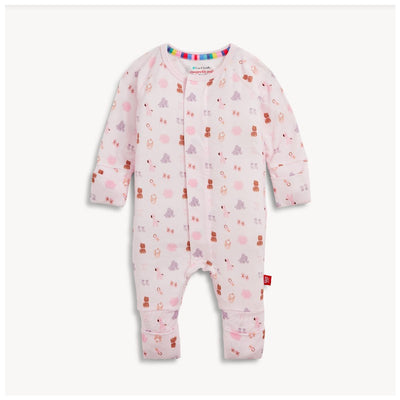 Convertible coverall in pink modal fabric, featuring a whimsical animal pattern, designed for infants.