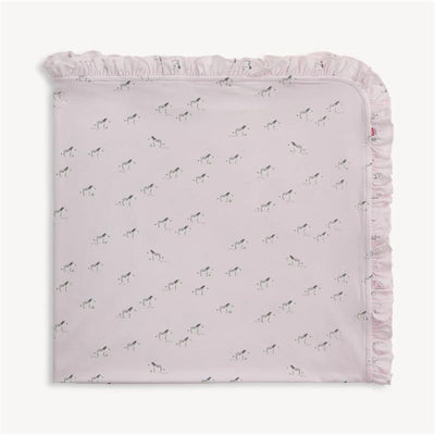 Pink Savannah Plains modal blanket featuring a ruffled edge and a pattern of playful zebras. One size.