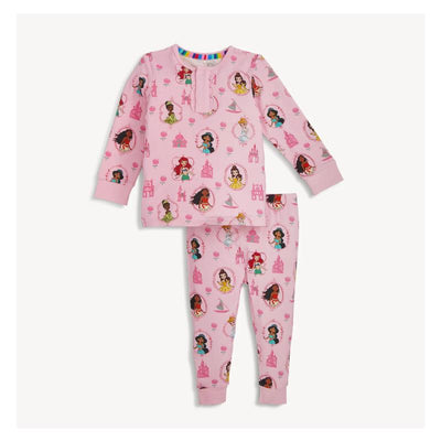 Long sleeve pink pajama set featuring princess illustrations, including castles, with matching pants.