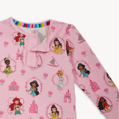 Long sleeve pink pajama top featuring various princess characters and floral designs, designed for children.