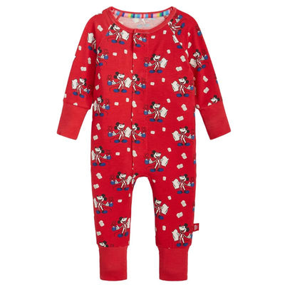 Red cocoa club coverall featuring cartoon characters with playful designs, snap buttons, and long sleeves.