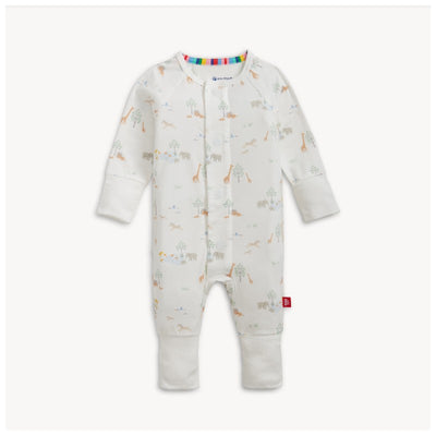White modal coverall featuring a safari animal print, suitable for infants, with a colorful striped neckline.