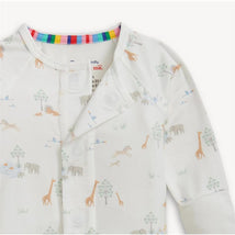 Magnetic Me Serene Safari white modal convertible coverall featuring a playful safari animal print and colorful striped neckline.