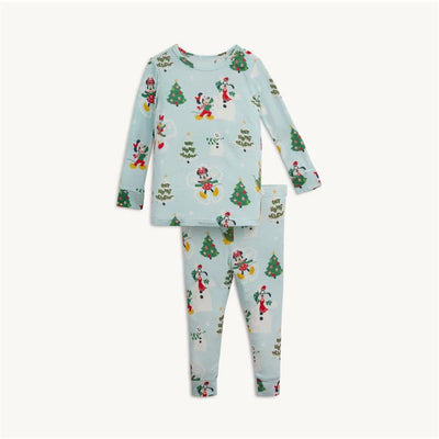 Long sleeve modal pajamas featuring a festive winter print with snowmen, Christmas trees, and playful characters.