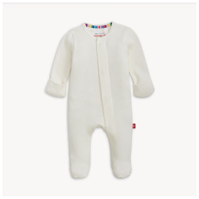 Tofu Waffle Footie in cream color, featuring long sleeves, front snap closure, and colorful striped neckline accents.