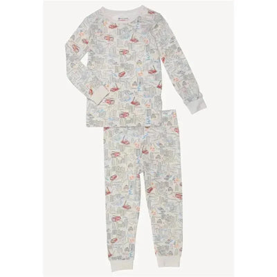 Long sleeve pajama set featuring a cityscape pattern with cars and buildings, designed for children.