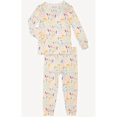 Long sleeve pajama set for children featuring colorful doodle designs and playful patterns on a light background.
