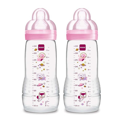 Two MAM 11oz baby bottles with pink caps, featuring anti-colic designs and playful illustrations.