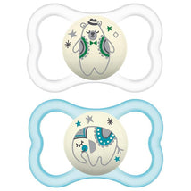 Two MAM baby pacifiers designed for ages 6 to 16 months, featuring a bear and elephant design, glow in the dark.