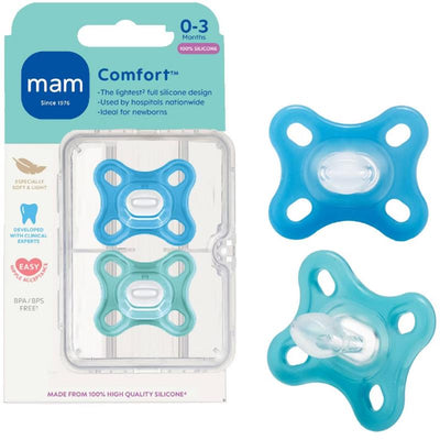 Two Mam Comfort pacifiers for infants aged 0-3 months, featuring a soft silicone design in blue and teal, displayed in packaging.