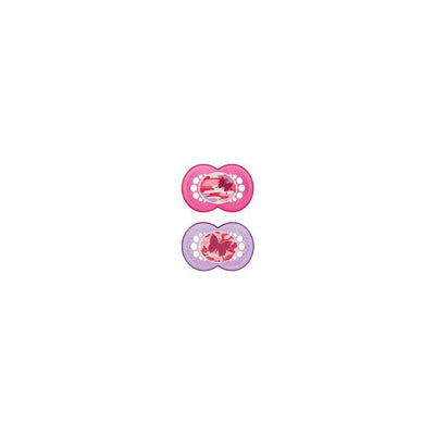 Two assorted Mam pacifiers for ages 16+ months. One is pink with a floral design, and the other is purple with illustrations.