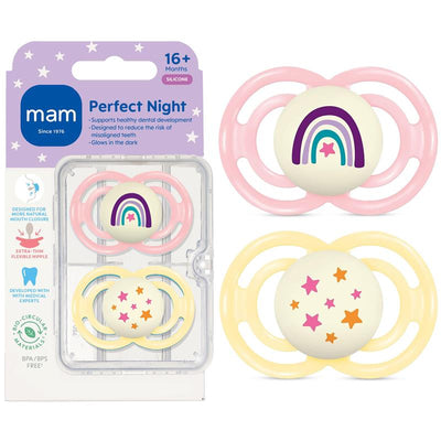Premium pacifier set for children 16+ months, featuring a pink pacifier with a rainbow design and a yellow one with stars, both glow in the dark.