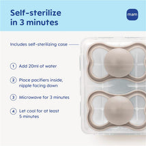 Self-sterilizing case for Mam baby pacifiers with instructions for sterilization in 3 minutes.