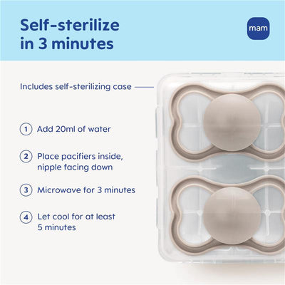 Self-sterilizing case for Mam baby pacifiers with instructions for sterilization in 3 minutes.
