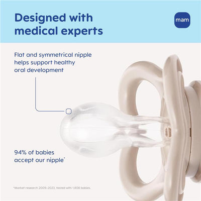 Mam silicone pacifier with flat, symmetrical nipple promotes healthy oral development; features BPA-free materials, suitable for 0-6 months.