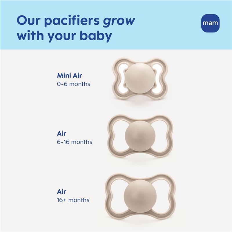 Silicone pacifiers for boys in a variety pack, labeled by age: Mini Air (0-6 months) and Air (6-16 months, 16+ months). BPA-free.