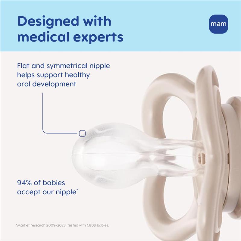 BPA-free Mam silicone pacifier features a flat, symmetrical nipple for healthy oral development, designed with medical experts.