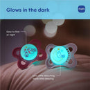 Silicone pacifier variety pack for girls, includes glow-in-the-dark features, designed for easy nighttime use.