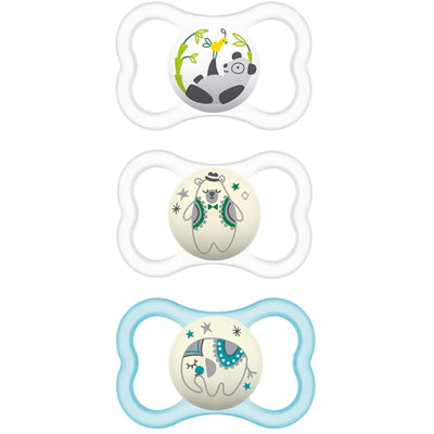 Three unisex pacifiers for infants aged 6 to 16 months featuring a panda, a bear in a hat, and a bear with a sleep mask, in various colors.