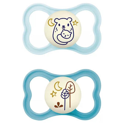 Two orthodontic pacifiers for boys, featuring bear and nature designs, suitable for ages 6-16 months.
