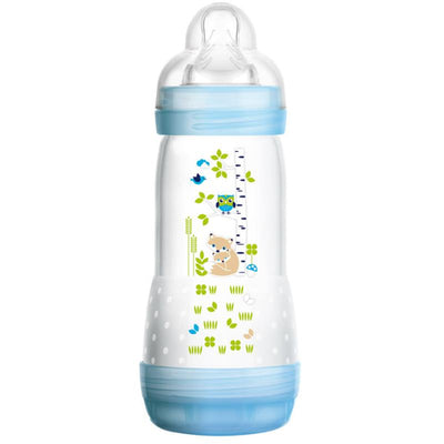 9 oz Mam Easy Start baby bottle for ages 2 months and up, featuring playful animal designs and a light blue cap.