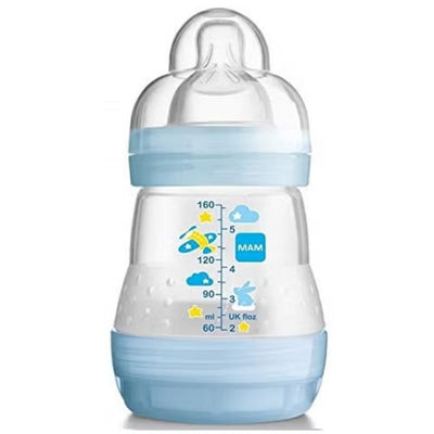 Anti-colic 5 oz baby bottle by Mam, featuring measurement markings and a clear design with light blue accents.