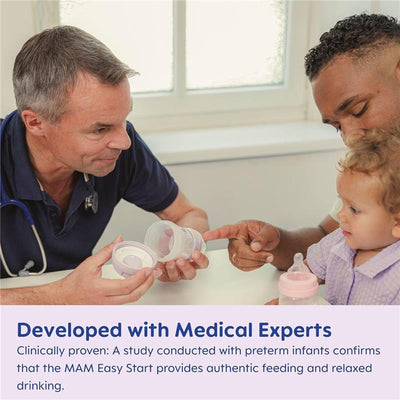 MAM Easy Start anti-colic baby bottle being examined by a doctor and a father with a toddler, emphasizing feeding development.