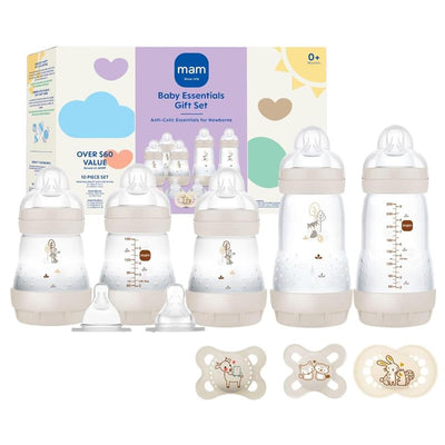 10-piece unisex newborn feeding set from Mam, including anti-colic bottles and pacifiers with playful designs.
