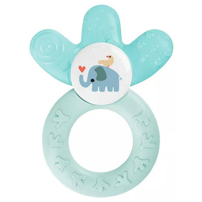 Teething toy featuring a light blue elephant design with a bird on top, made for babies 4 months and older.