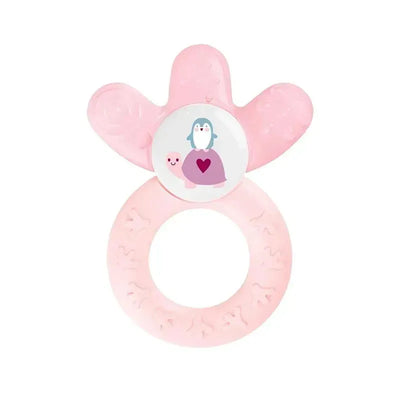 Teething toy in pink with a textured ring, featuring a penguin and turtle graphic on a round center.