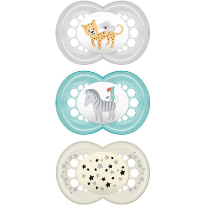 Three baby pacifiers featuring playful animal designs: a leopard with a koala, a zebra with a bird, and stars, suitable for ages 6-16 months.