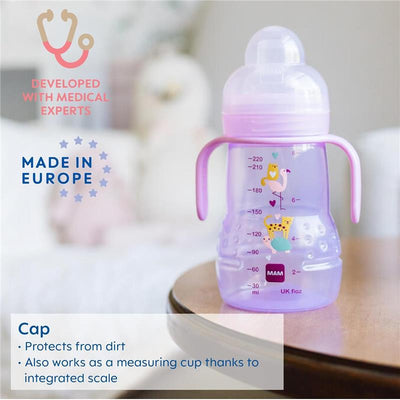 8 oz MAM trainer sippy cup for girls, featuring a purple design, handles, cap, and measurement scale.