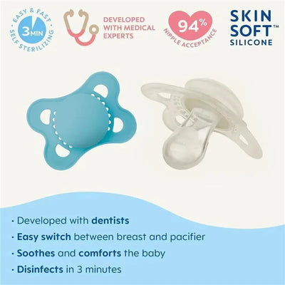 Matte Deco pacifiers, one blue and one clear, highlight features like easy sterilization, comfort for babies, and high nipple acceptance.