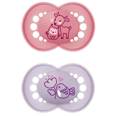 2-pack of Mam pacifiers in matte pink and lavender with animal designs; suitable for girls aged 6 to 16 months.