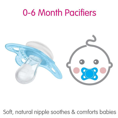 Matte blue pacifier for infants aged 0-6 months, featuring a soft natural nipple for comfort.