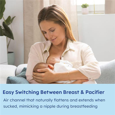 Matte non-decorative pacifier designed for babies aged 16 months and older, highlighting ease of switching between breastfeeding and pacifier use.