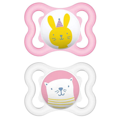 Two colorful pacifiers, one with a yellow bunny design and the other with a white cat design, suitable for sensitive skin.