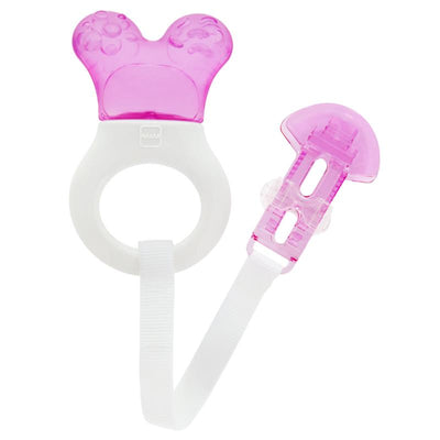 Mini cooler teether with a pink bear-shaped top and white clip, designed for soothing infants during teething.