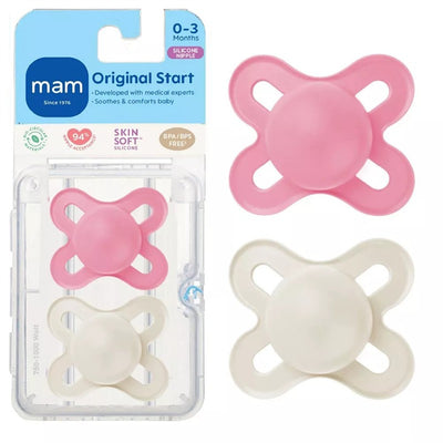 MAM Original Start pacifier set for girls, featuring two silicone pacifiers in pink and white, suitable for 0-3 months.