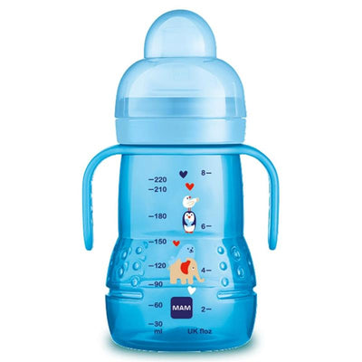 Blue 8 oz sippy cup with handles, featuring animal illustrations and measurement markings, suitable for boys aged 4 months and older.