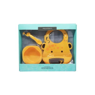 Baby feeding set by Marcus & Marcus featuring a vibrant yellow bib with a bear design, a bowl, and a spoon.
