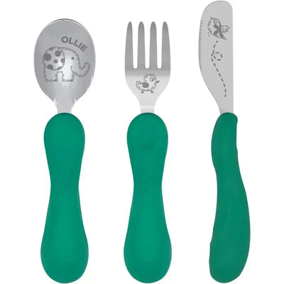 Three-piece utensil set by Marcus & Marcus includes a spoon, fork, and knife with animal-themed designs on handles.