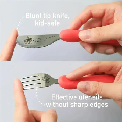 Game Anatomical Spoon, Fork, and Knife set for kids, featuring blunt-tip designs and safety illustrations.