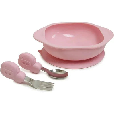 Pink mealtime set for toddlers, featuring a bowl with a suction base and utensils shaped like pigs.