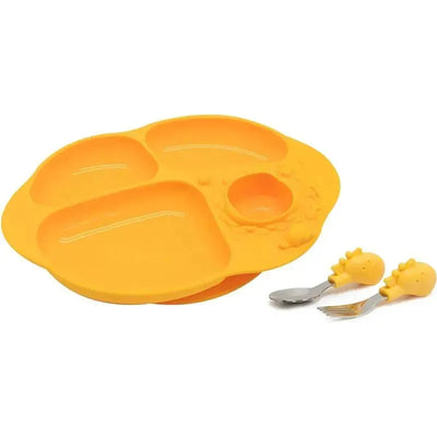 Toddler dining set in bright yellow with three sections, featuring dinosaur-shaped utensils.