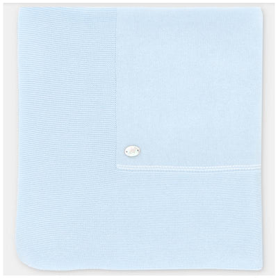 Pastel blue knit baby blanket with a textured pattern and a small branded tag in the corner. One size.