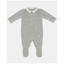 Baby boy long romper in light blue with feet, featuring a white collar and button closure. Ideal for infants.