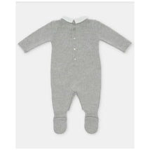 Light blue baby boy long romper with feet, featuring a white collar and button closure at the back.