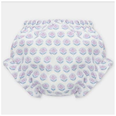 Baby girl bloomer featuring a floral pattern in lavender and blue on a white background.