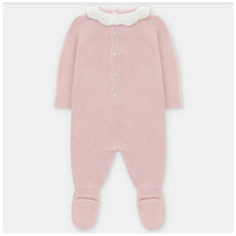 Baby girl long romper in baby pink with a white knit collar and feet, featuring a button-up front.